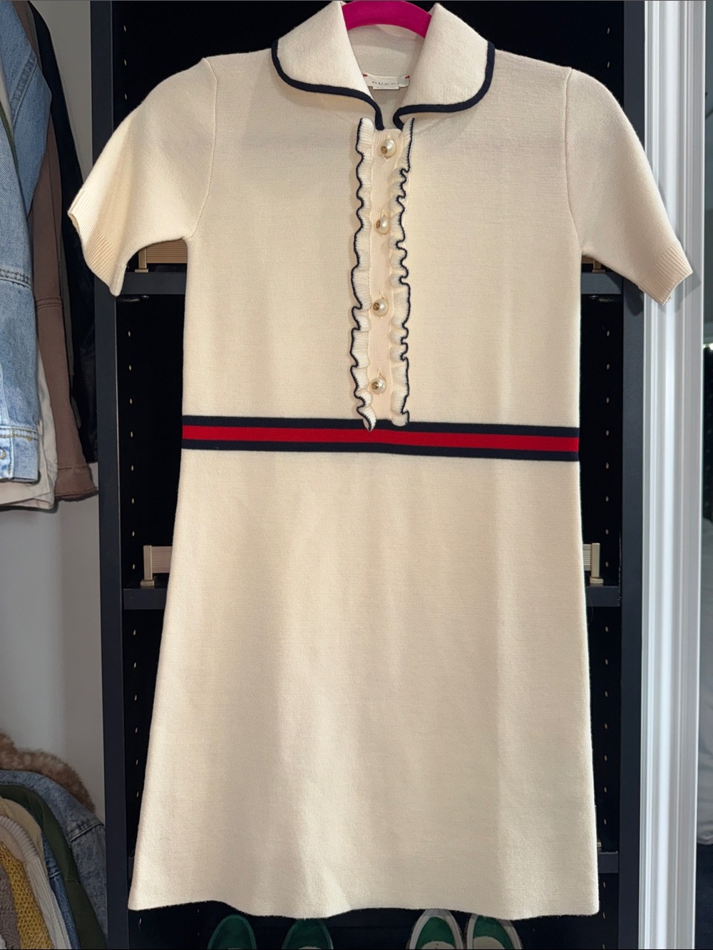 Gucci Cream Knit Dress with Navy and Red Trim